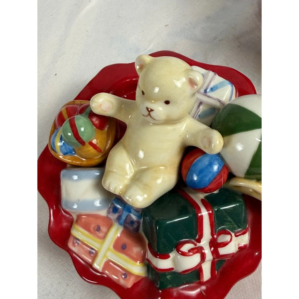 Longaberger Christmas Santa Toy Bag Ceramic Candy Jar Teddy Bear Lid Red